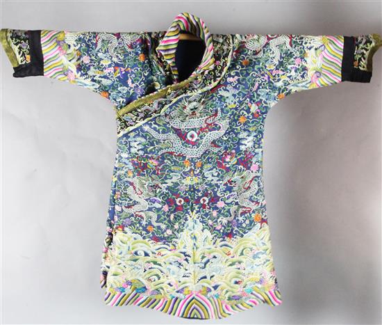 A Chinese embroidered silk dragon robe, 20th century, collar altered
